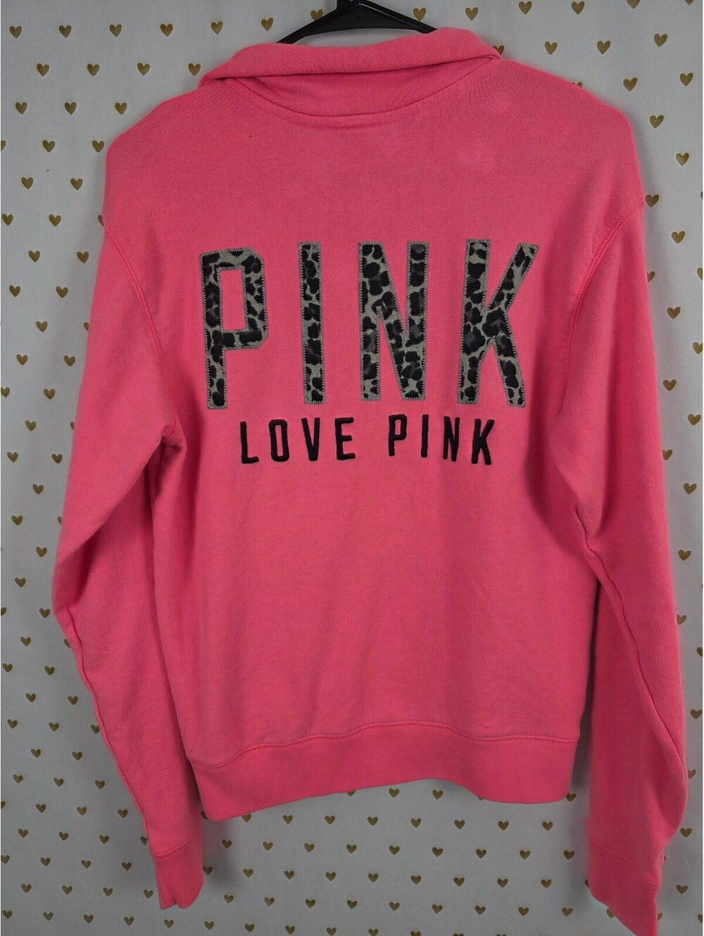 Victorias Secret Pink Quarter Zip Neon Leopard Cheetah Logo Sweater Shirt XS
